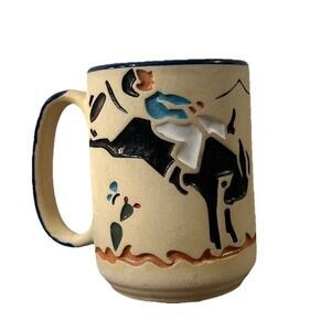 Cowboy Pottery Mug lead free stoneware pottery 8 OZ Raised hand engraved painted